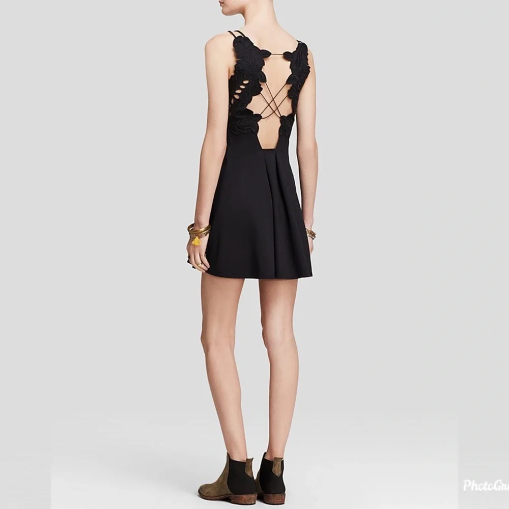 Free People Cha Cha Ponte Knit Black Fit & Flare Dress with Lace Cutout Detail - Picture 2 of 16